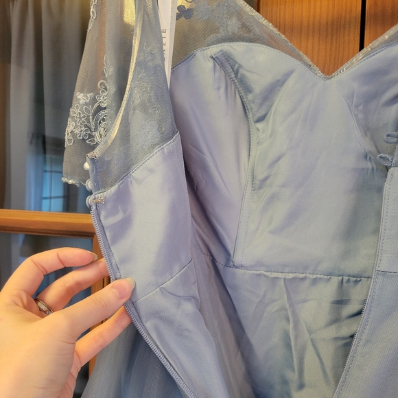 Azazie "Brenda" Long Tulle/Lace Dress in Dusty Blue Custom Sz 4/6 - Picture 9 of 16